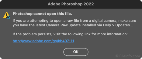 Adobe Photoshop - Unsupported Camera Raw File Alert