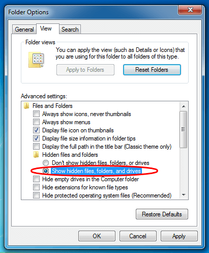 windows 7 hidden files folders