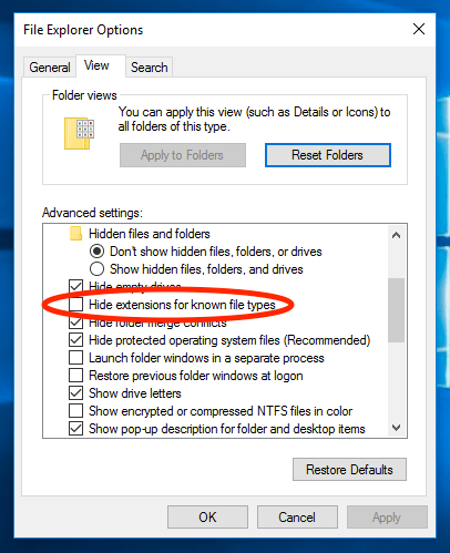 Windows 10 Hide Extensions for Known File Types Checkbox