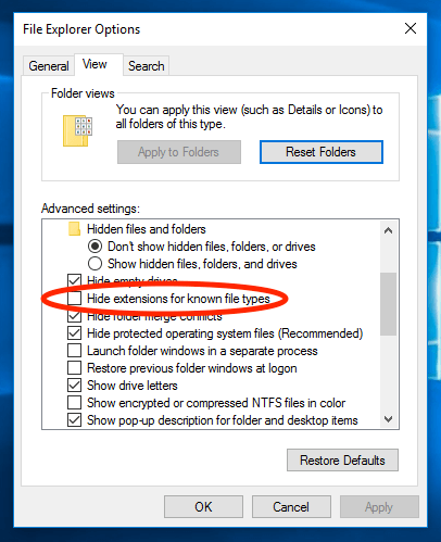 How to turn on hidden filename extensions in Windows