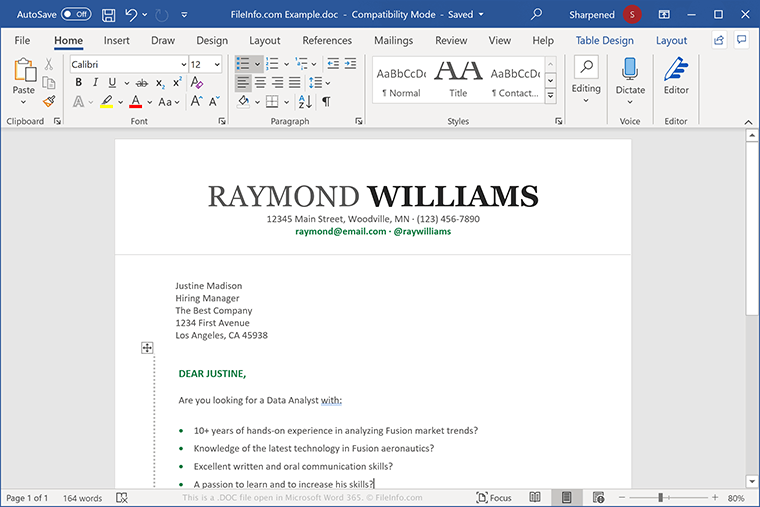 Screenshot of a .doc file in Microsoft Word 365