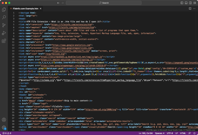 Screenshot of a .htm file in Microsoft Visual Studio Code