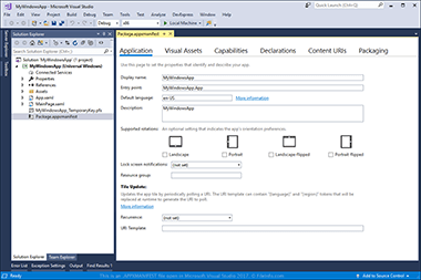 Screenshot of a .appxmanifest file in Microsoft Visual Studio 2017