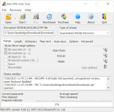 Screenshot of a .axr file in Elcomsoft Advanced Archive Password Recovery