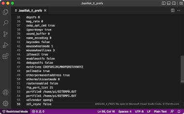 Screenshot of a .basilisk_ii_prefs file in Microsoft Visual Studio Code