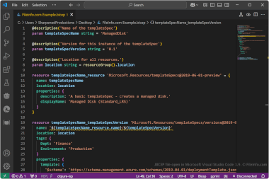 Screenshot of a .bicep file in Microsoft Visual Studio Code 1.9