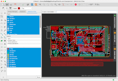 Screenshot of a .brd file in Autodesk EAGLE 9