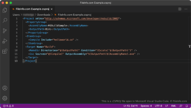 Screenshot of a .csproj file in Microsoft Visual Studio Code