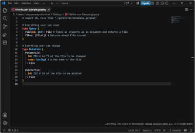 Screenshot of a .graphql file in Microsoft Visual Studio Code 1.1