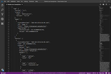 Screenshot of a .har file in Microsoft Visual Studio Code 1