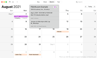 Screenshot of a .ics file in Apple Calendar