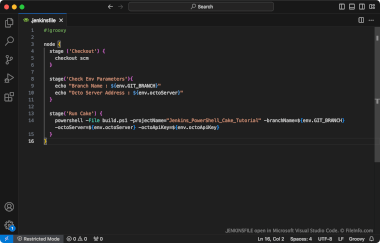 Screenshot of a .jenkinsfile file in Microsoft Visual Studio Code