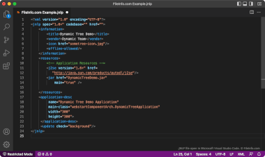 Screenshot of a .jnlp file in Microsoft Visual Studio Code