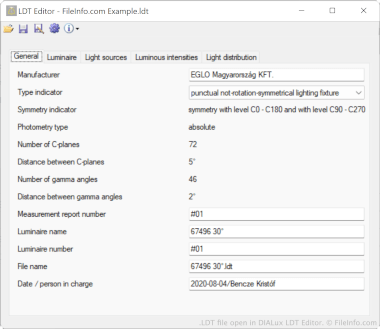 Screenshot of a .ldt file in DIALux LDT Editor