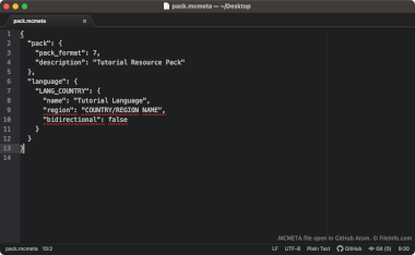 Screenshot of a .mcmeta file in GitHub Atom