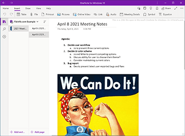 Screenshot of a .one file in Microsoft OneNote for Windows 10