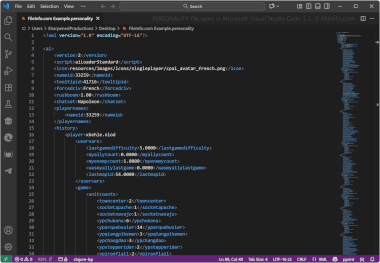 Screenshot of a .personality file in Microsoft Visual Studio Code 1.1
