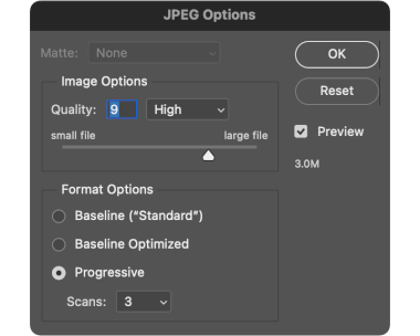 Progressive JPEG save dialog in Adobe Photoshop 2023