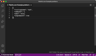 Screenshot of a .prettierrc file in Microsoft Visual Studio Code