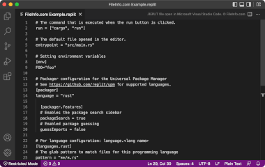 Screenshot of a .replit file in Microsoft Visual Studio Code