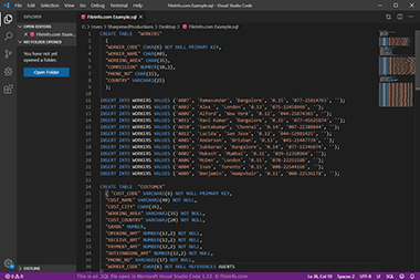Screenshot of a .sql file in Microsoft Visual Studio Code 1.33