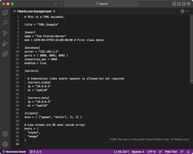 Screenshot of a .toml file in Microsoft Visual Studio Code