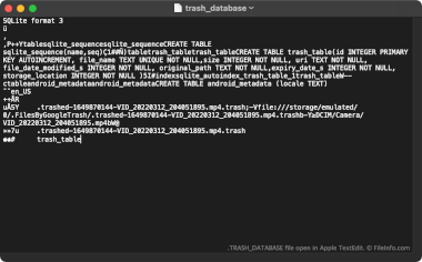 Screenshot of a .trash_database file in Apple TextEdit