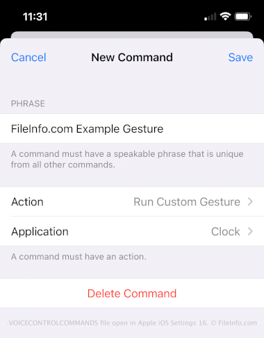 Screenshot of a .voicecontrolcommands file in Apple iOS Settings 16