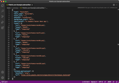 Screenshot of a .webmanifest file in Microsoft Visual Studio Code 1.57