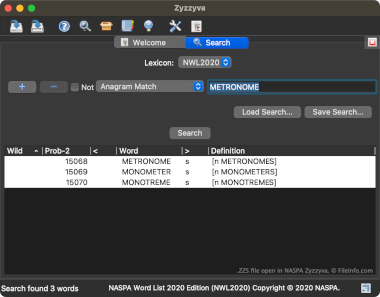 Screenshot of a .zzs file in NASPA Zyzzyva