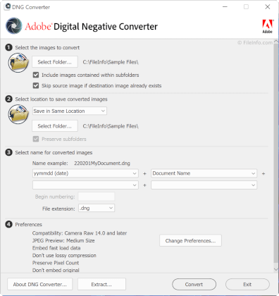 Screenshot of Adobe DNG Converter 14