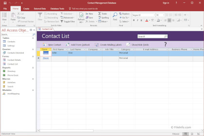 Screenshot of Microsoft Access 2016